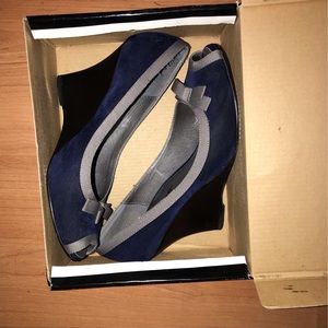 Navy Blue Peep Toe Wedges